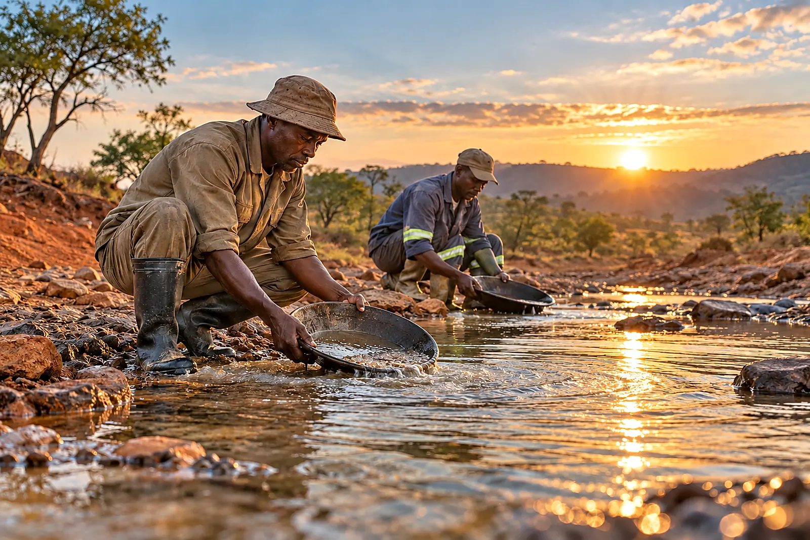 Two miners panning gravel in a shallow river at sunset
