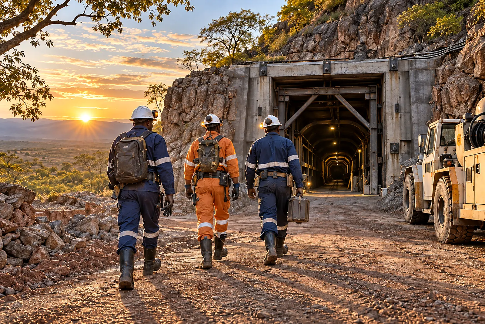 Three miners walking towards the portal of an underground mine