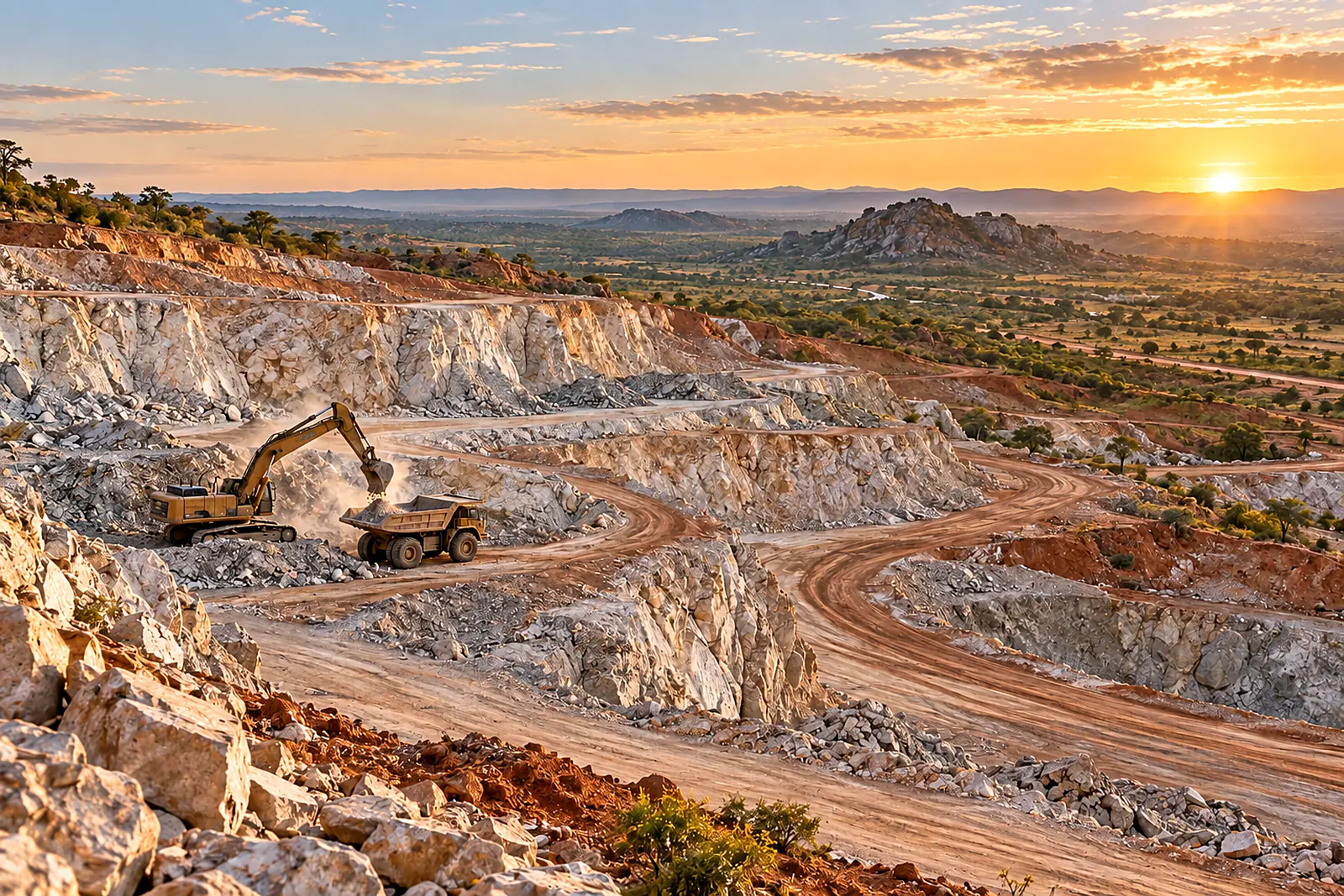 An excavator loading a haul truck in a pegmatite open pit