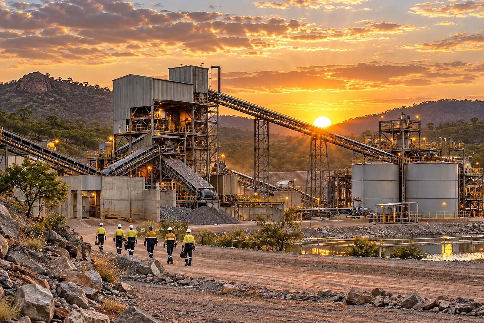 A processing plant with conveyors and tanks, crew walking the haul road