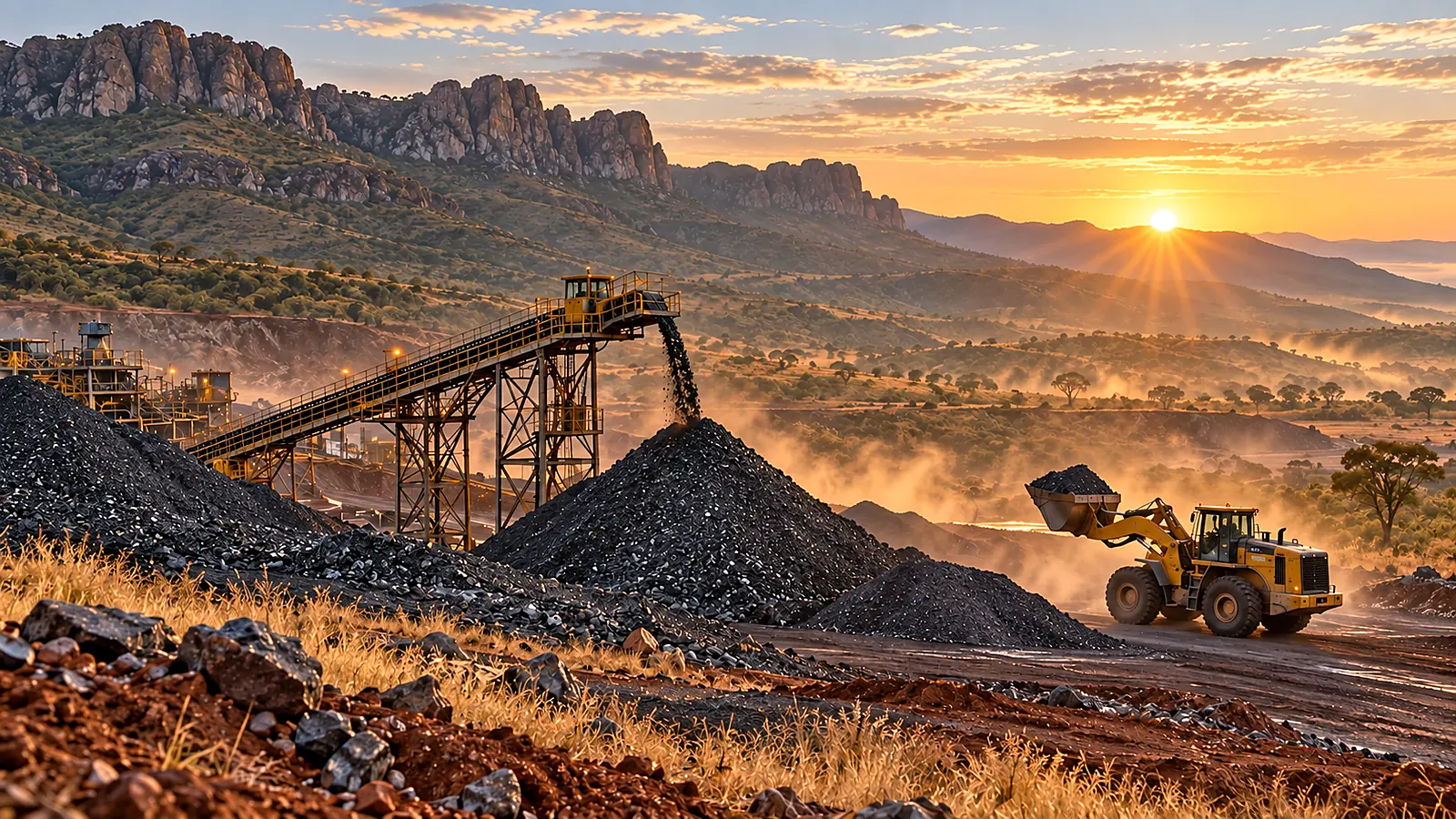 A conveyor stacking ore beside a front-end loader at sunset